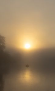 Preview wallpaper lake, boat, fog, sun, morning, fishing