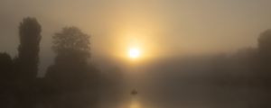 Preview wallpaper lake, boat, fog, sun, morning, fishing