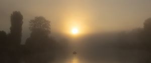 Preview wallpaper lake, boat, fog, sun, morning, fishing