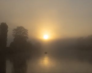 Preview wallpaper lake, boat, fog, sun, morning, fishing