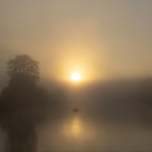 Preview wallpaper lake, boat, fog, sun, morning, fishing