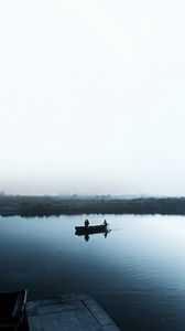 Preview wallpaper lake, boat, fog, shore, sail, cloudless