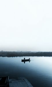 Preview wallpaper lake, boat, fog, shore, sail, cloudless