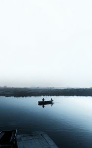 Preview wallpaper lake, boat, fog, shore, sail, cloudless