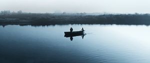 Preview wallpaper lake, boat, fog, shore, sail, cloudless