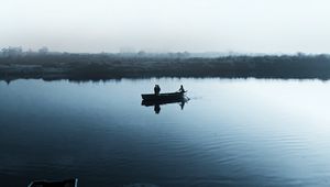 Preview wallpaper lake, boat, fog, shore, sail, cloudless