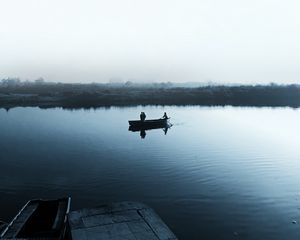 Preview wallpaper lake, boat, fog, shore, sail, cloudless