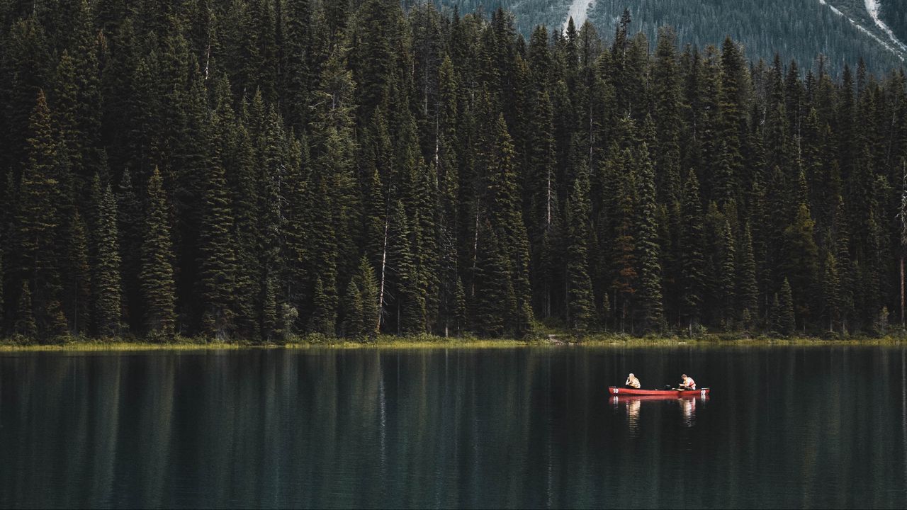 Wallpaper lake, boat, forest, mountains, landscape