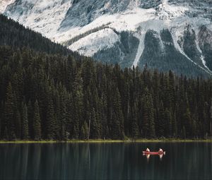 Preview wallpaper lake, boat, forest, mountains, landscape