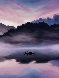 Preview wallpaper lake, boat, man, dusk, art