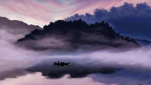 Preview wallpaper lake, boat, man, dusk, art