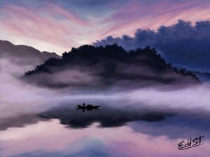 Preview wallpaper lake, boat, man, dusk, art