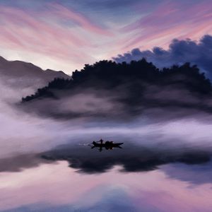 Preview wallpaper lake, boat, man, dusk, art