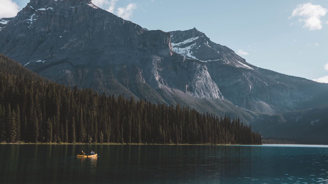 Wallpaper lake, boat, mountains, forest, nature