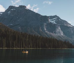 Preview wallpaper lake, boat, mountains, forest, nature