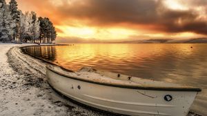 Preview wallpaper lake, boat, shore, sunset, snow, landscape