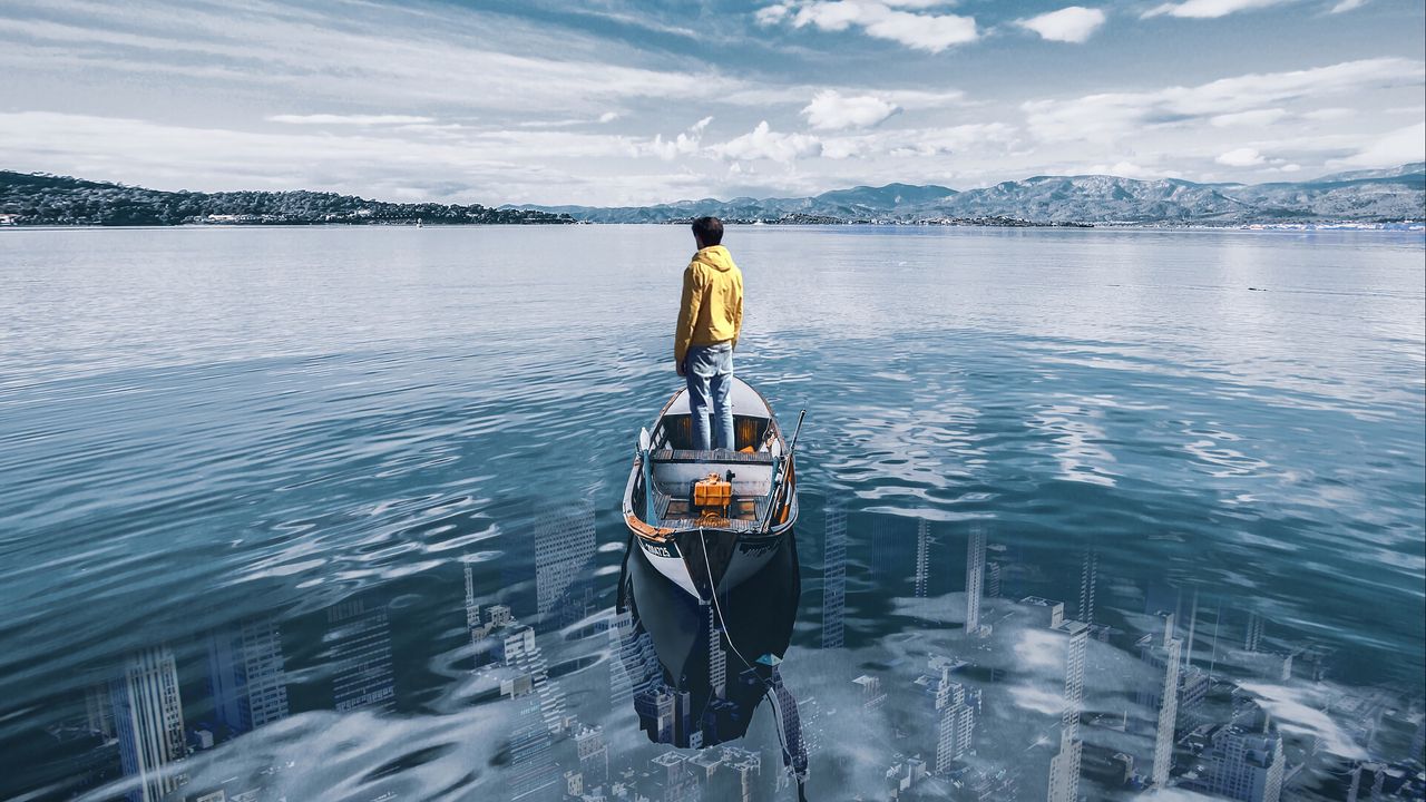 Wallpaper lake, boat, silhouette, city, illusion