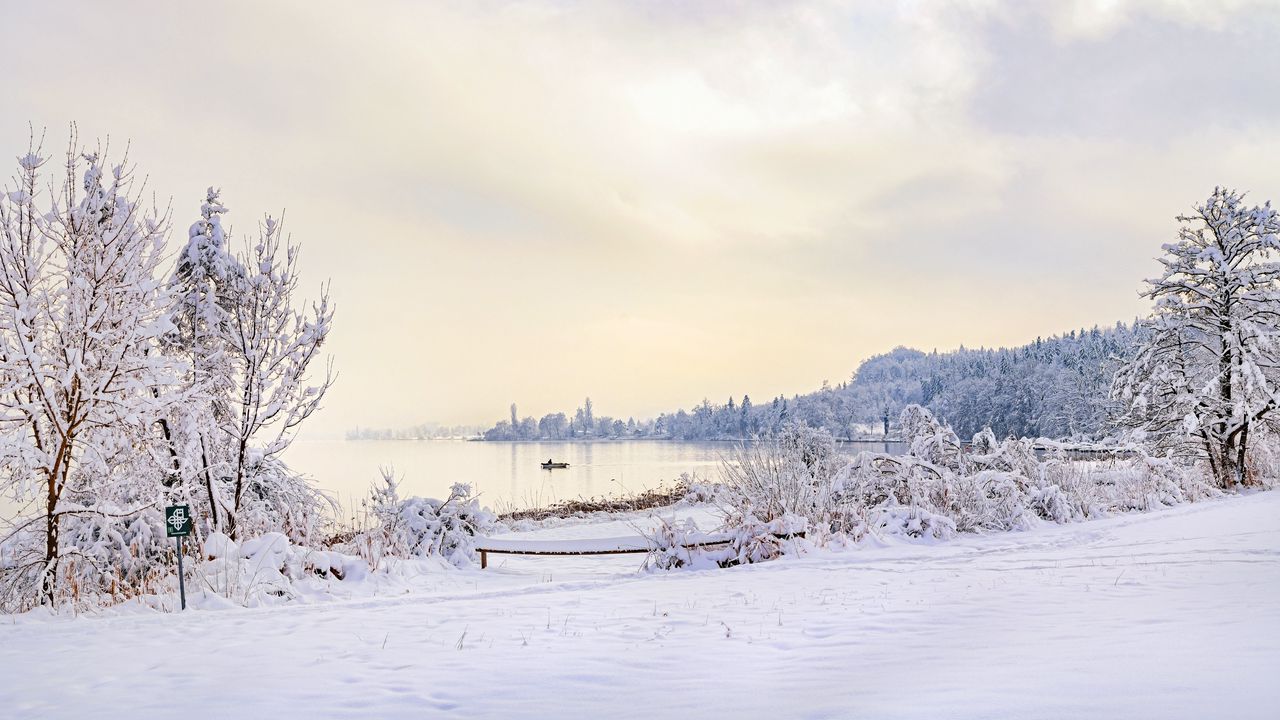 Wallpaper lake, boat, snow, winter, nature