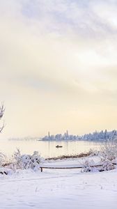 Preview wallpaper lake, boat, snow, winter, nature