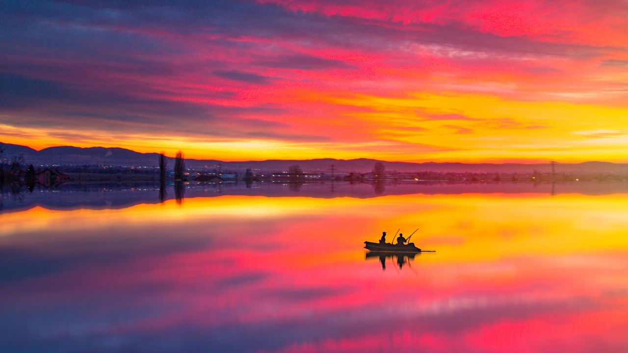 Wallpaper lake, boat, sunset, reflection, landscape