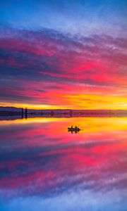 Preview wallpaper lake, boat, sunset, reflection, landscape