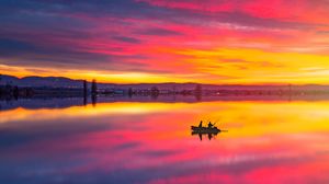 Preview wallpaper lake, boat, sunset, reflection, landscape