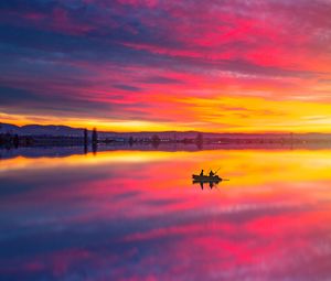 Preview wallpaper lake, boat, sunset, reflection, landscape
