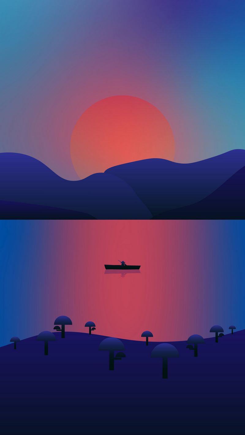800x1420 Wallpaper lake, boat, sunset, vector, art