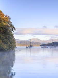 Preview wallpaper lake, boats, clouds, landscape, nature