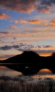 Preview wallpaper lake, boats, dusk, sunset, dark