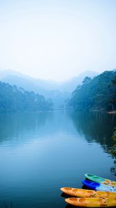 Preview wallpaper lake, boats, fog, trees, mountains