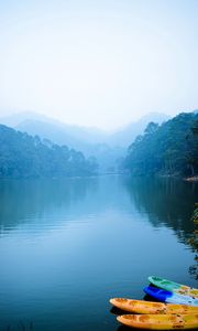 Preview wallpaper lake, boats, fog, trees, mountains