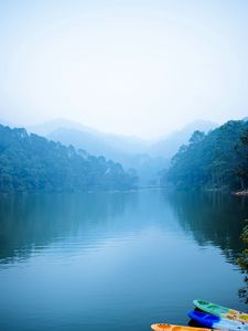 Preview wallpaper lake, boats, fog, trees, mountains