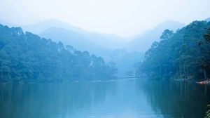 Preview wallpaper lake, boats, fog, trees, mountains