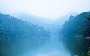 Preview wallpaper lake, boats, fog, trees, mountains