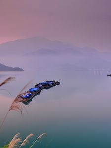 Preview wallpaper lake, boats, fog