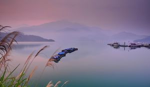 Preview wallpaper lake, boats, fog