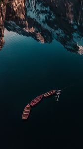 Preview wallpaper lake, boats, mountains, reflection, water, surface