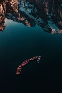 Preview wallpaper lake, boats, mountains, reflection, water, surface