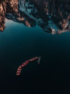 Preview wallpaper lake, boats, mountains, reflection, water, surface