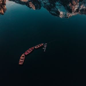 Preview wallpaper lake, boats, mountains, reflection, water, surface