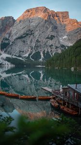 Preview wallpaper lake, boats, pier, mountain, landscape