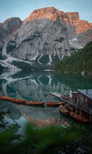 Preview wallpaper lake, boats, pier, mountain, landscape