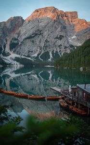 Preview wallpaper lake, boats, pier, mountain, landscape