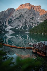 Preview wallpaper lake, boats, pier, mountain, landscape