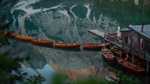 Preview wallpaper lake, boats, pier, mountain, landscape