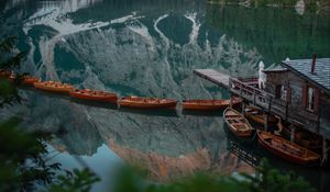 Preview wallpaper lake, boats, pier, mountain, landscape