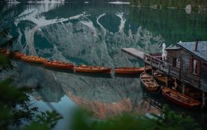 Preview wallpaper lake, boats, pier, mountain, landscape