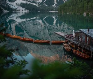 Preview wallpaper lake, boats, pier, mountain, landscape