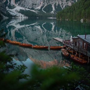 Preview wallpaper lake, boats, pier, mountain, landscape